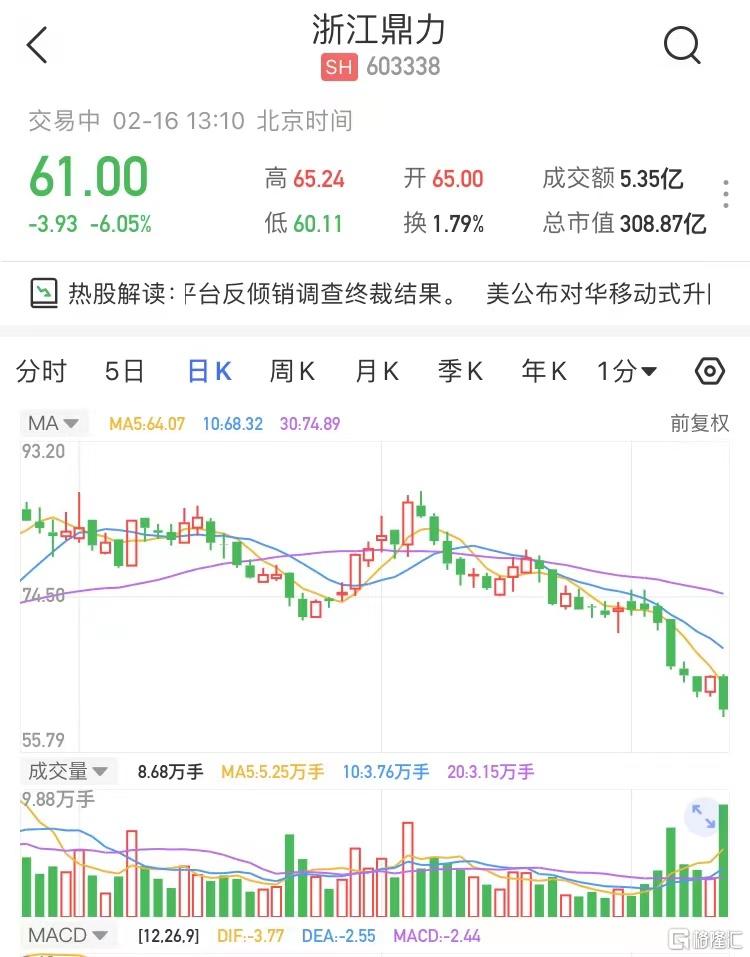 浙江鼎力(603338.SH)现报61元跌6.05%，暂成交5亿元