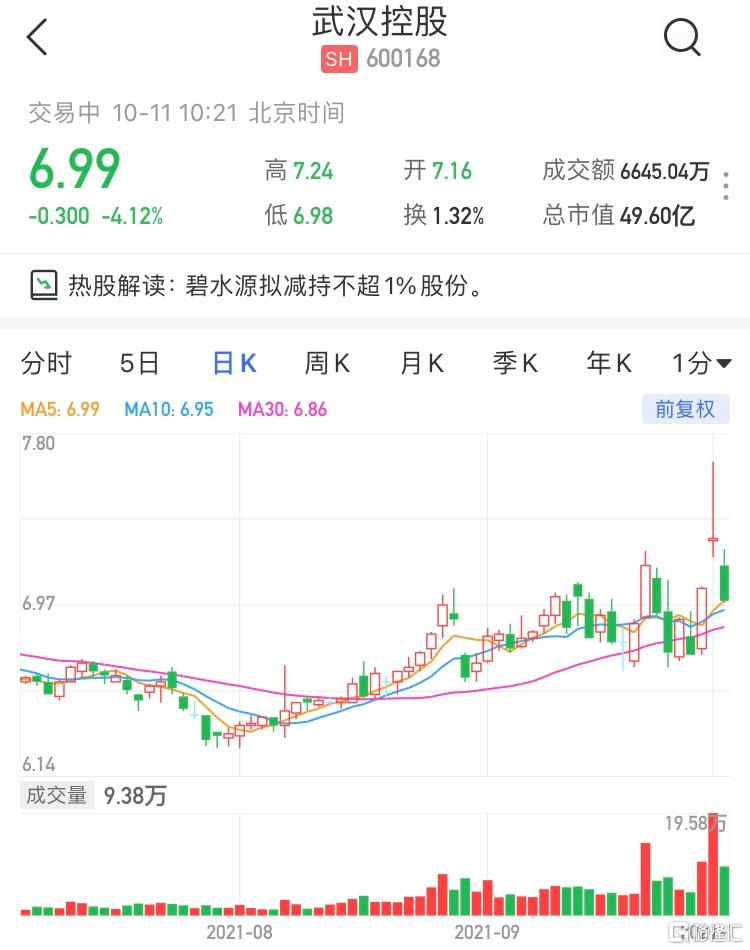 武汉控股(600168.SH)现报6.99元，跌4.12%，暂成交6645万元