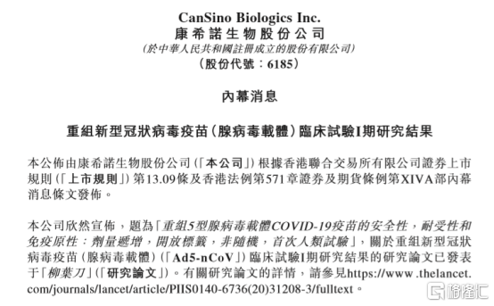 据25日官方公告,康希诺生物表示关于重组新型冠状病毒疫苗(腺病毒